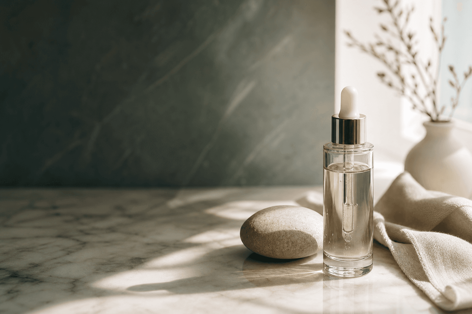 Noyra skincare ritual — editorial still life in soft light